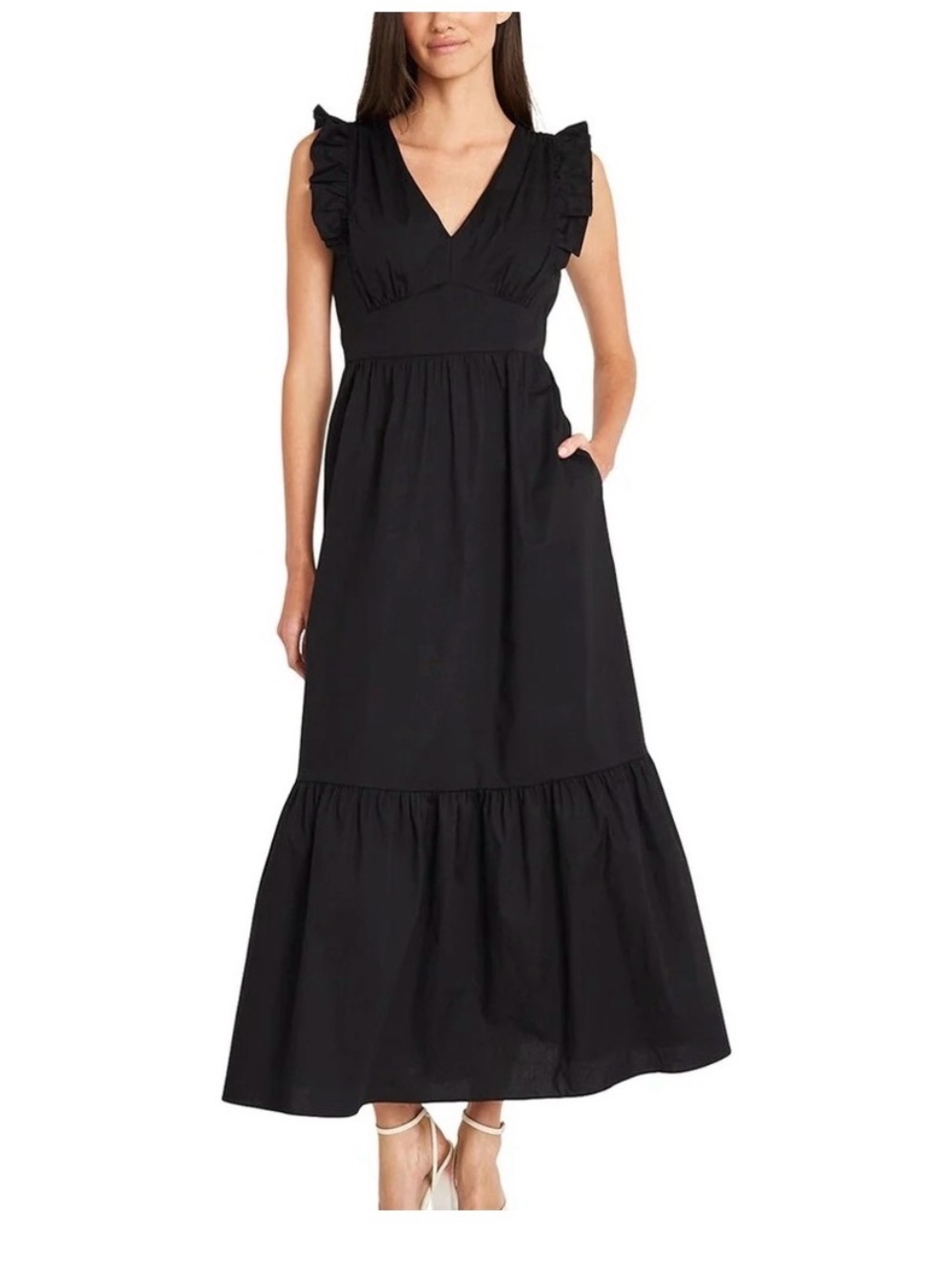 Maggy London Black Ruffle Detail Poplin Cotton Sleeveless Maxi